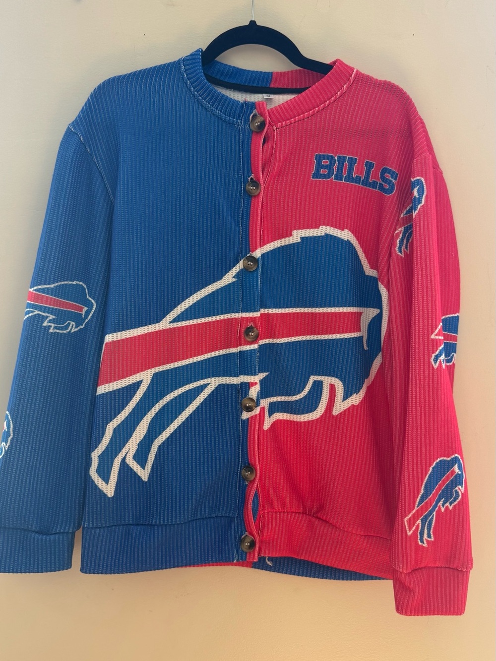Women’s Two-Tone Buffalo Logo Button-Front Cardigan Sweater - Blue & Pink